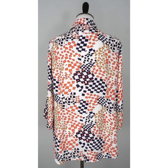 CABI White Blue Orange Button Collared Shirt Grand Prix 404 Top Blouse Sz Medium - Picture 3 of 5